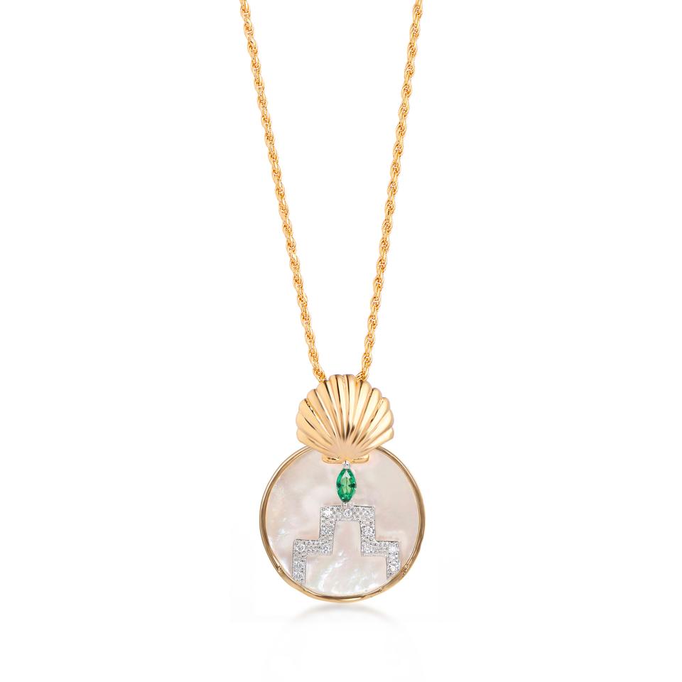 GINA GOLD PEARL SHELL CIRCLE PENDANT ON ROPE CHAIN