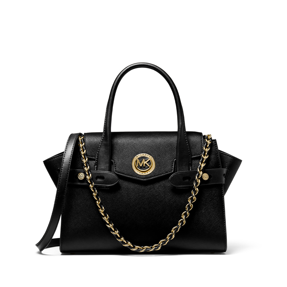 CARMEN SMALL SAFFIANO LEATHER BELTED SATCHEL - BLACK