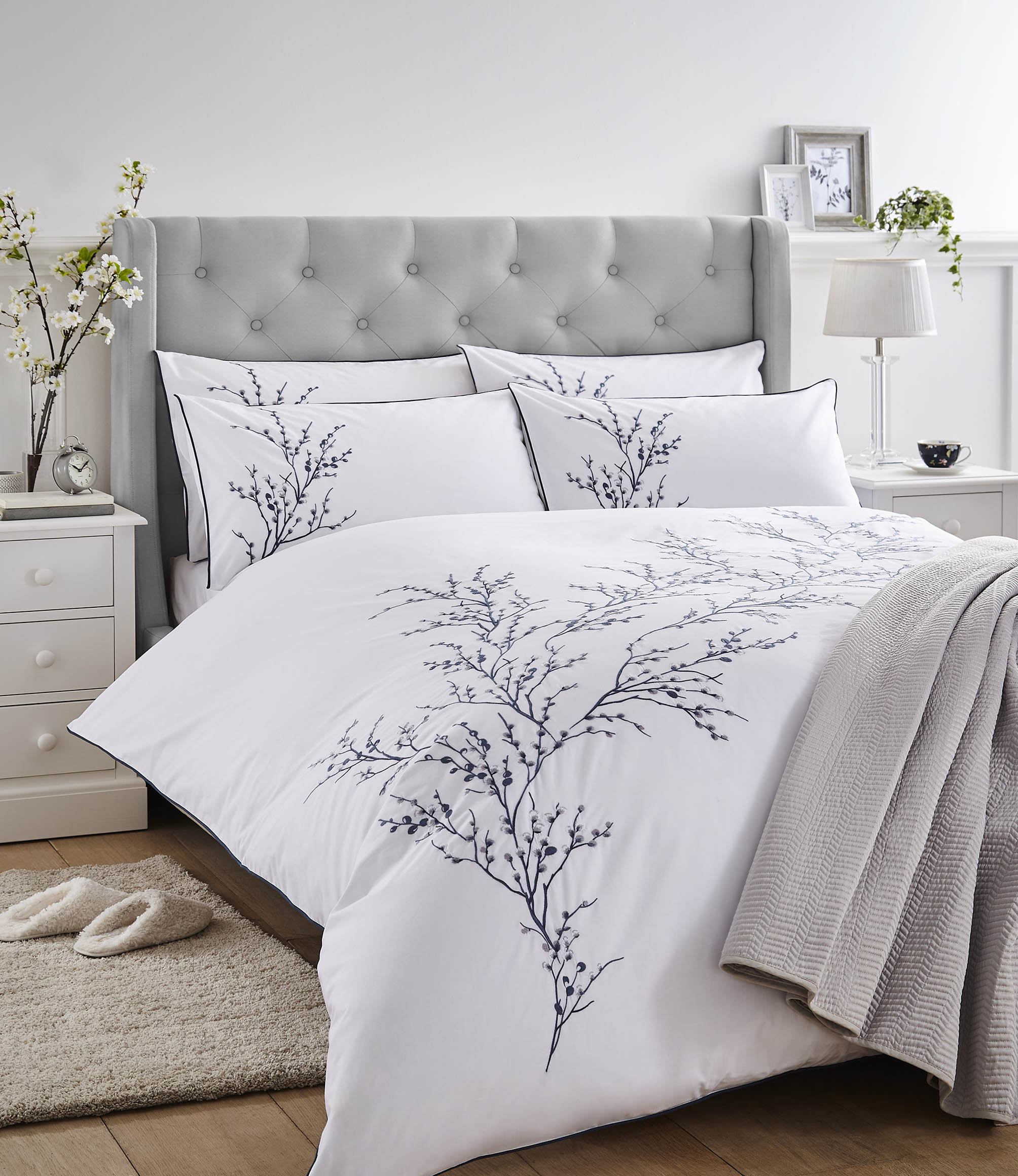 Pussy Willow Sprig Embroidered Midnight Single Duvet Set