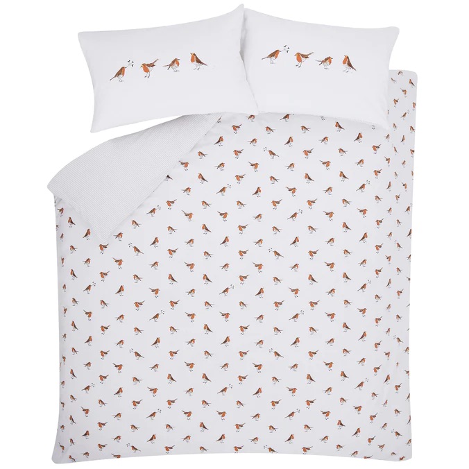 Winter Robin Brushed Double White Quilt Set