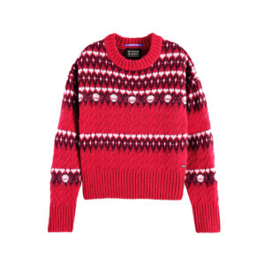 Cable Knit Fair Isle Pullover- Red