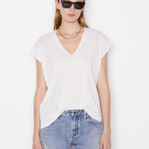 Frame Le Mid Rise V Neck Tee in Blanc