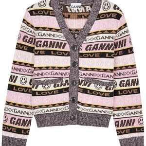 Ganni Striped logo-intarsia wool-blend cardigan