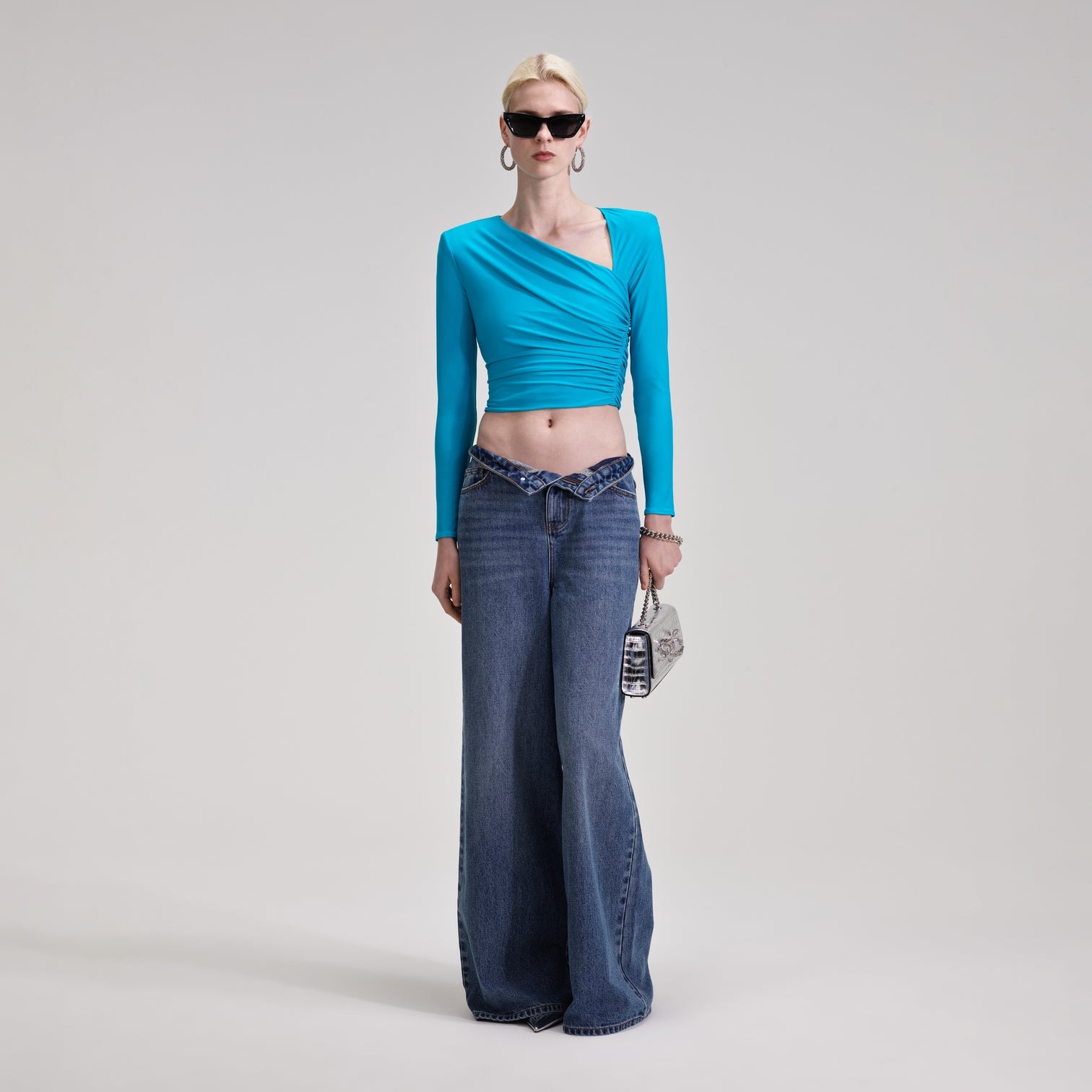 SELF PORTRAIT Blue Jersey Ruched Top