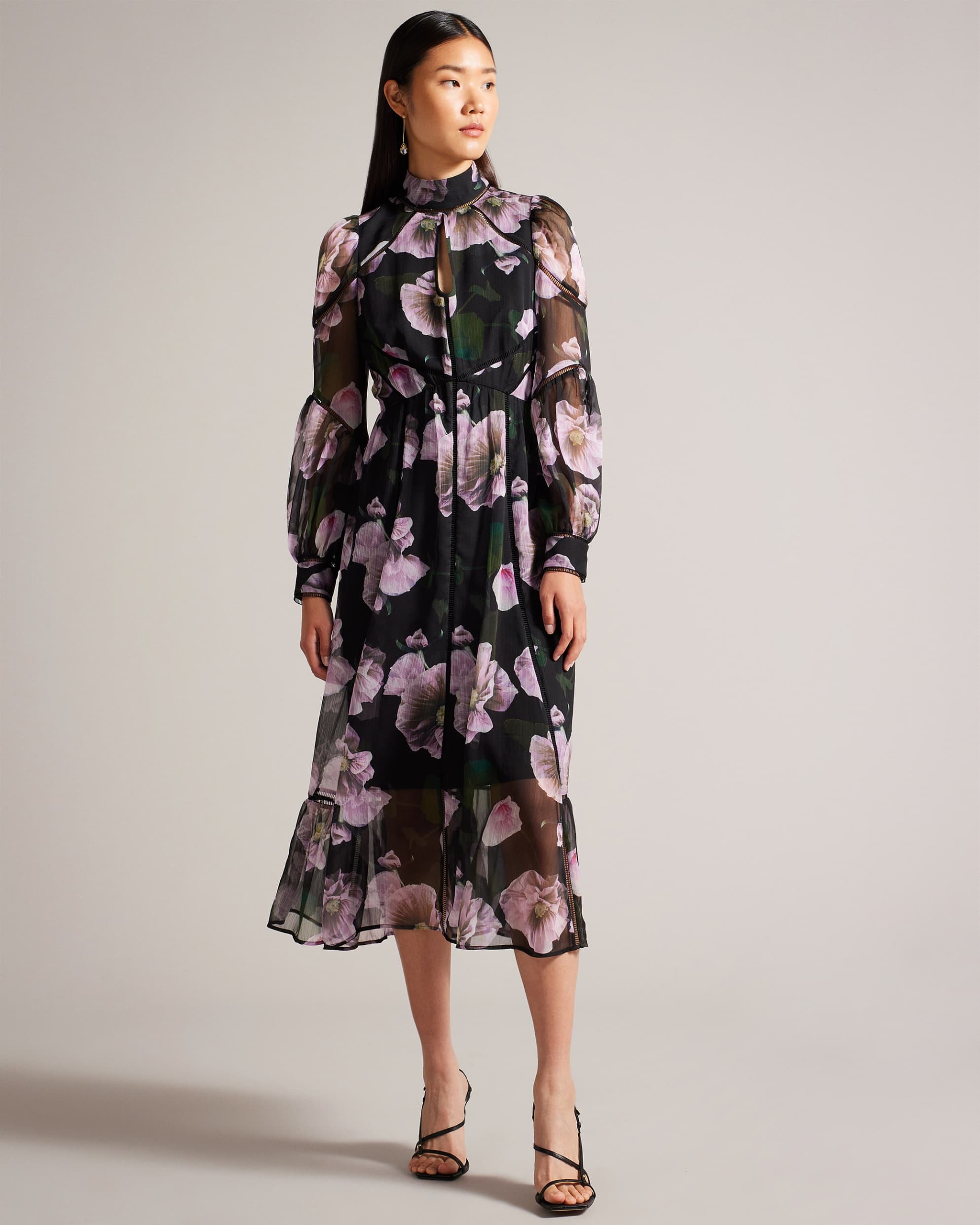 TED BAKER Pohlley Floral Midi Dress With Ladder Lace